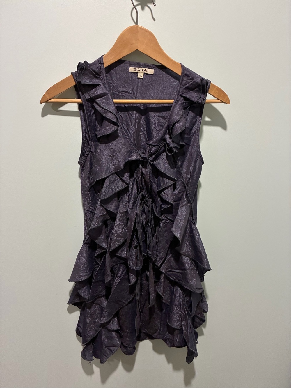 Zokai Dark Blue Ruffle Sleeveless Cotton Blend Blouse Size Medium